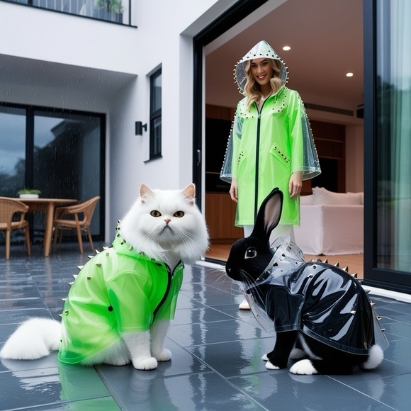 HANDCRAFTED digital art by me NWT print of fur babies in a house with raincoats - Picture 1 of 8